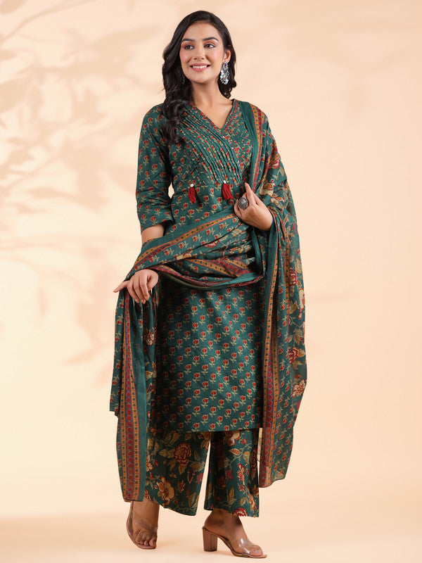 Rama Green Floral Print Straight Cotton Stitched Kurta Set