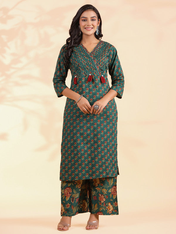 Rama Green Floral Print Straight Cotton Stitched Kurta Set