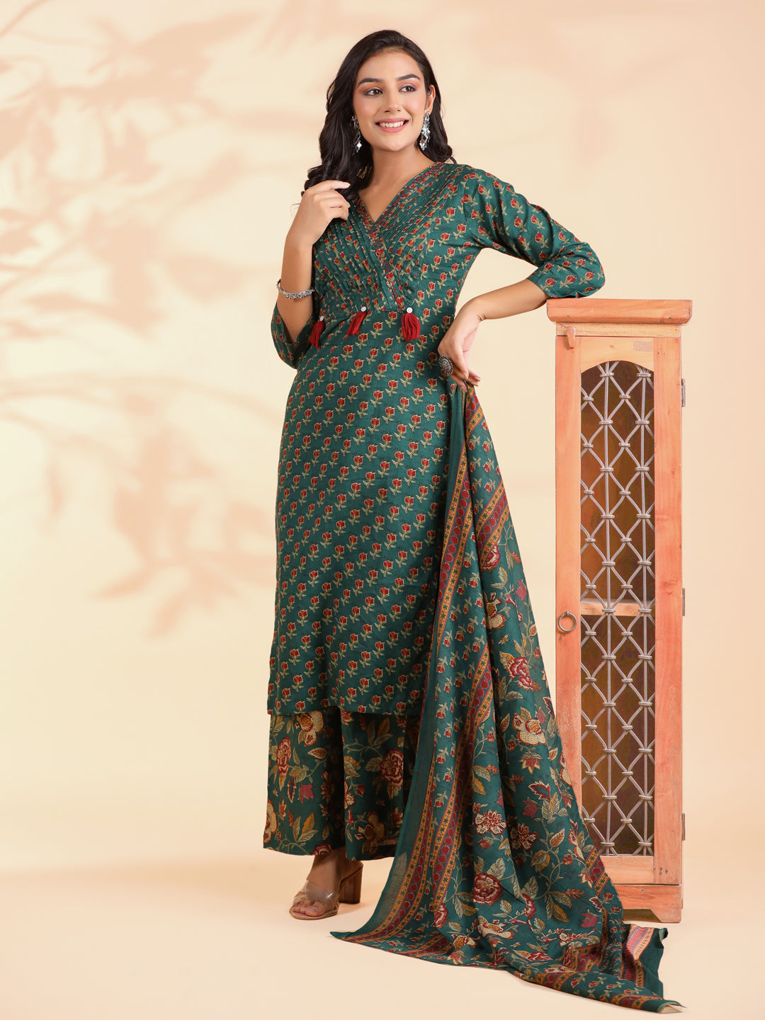 Rama Green Floral Print Straight Cotton Stitched Kurta Set