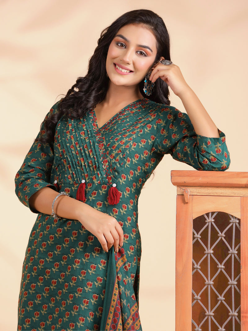 Rama Green Floral Print Straight Cotton Stitched Kurta Set