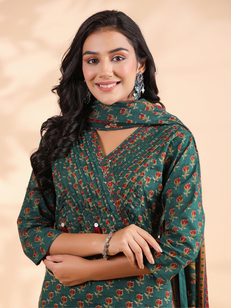 Rama Green Floral Print Straight Cotton Stitched Kurta Set