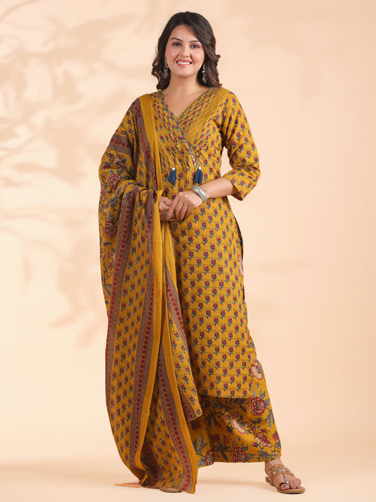 Mustard Floral Print Straight Cotton Stitched Kurta Set