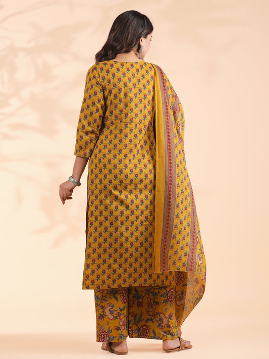 Mustard Floral Print Straight Cotton Stitched Kurta Set