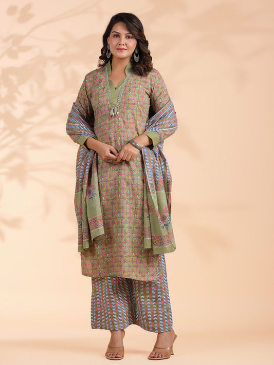 Pista green Colorblock Print Straight Cotton Stitched Kurta Set