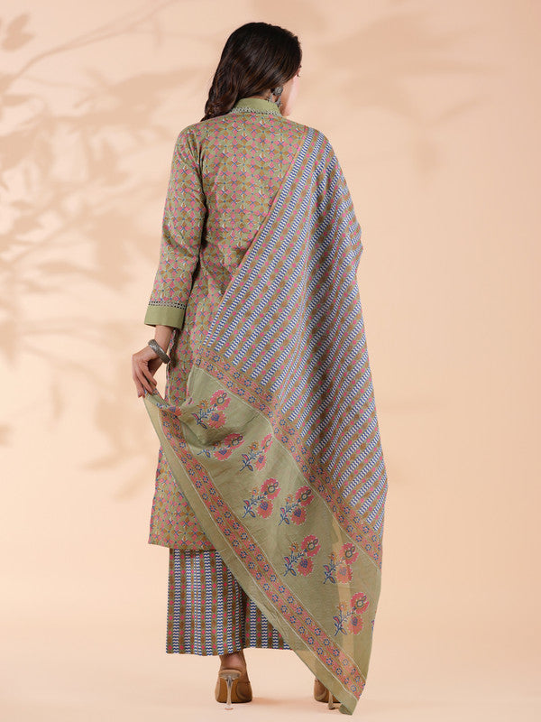 Pista green Colorblock Print Straight Cotton Stitched Kurta Set