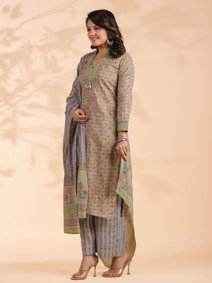 Pista green Colorblock Print Straight Cotton Stitched Kurta Set