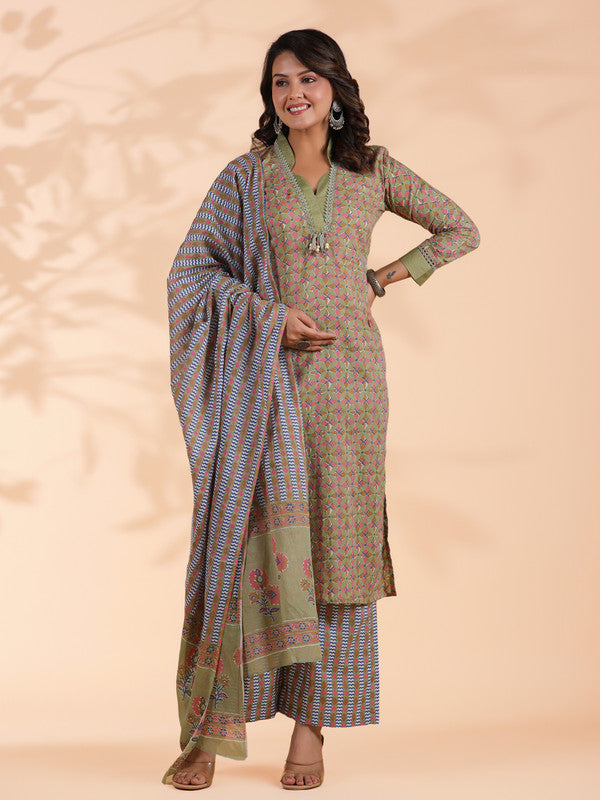 Pista green Colorblock Print Straight Cotton Stitched Kurta Set