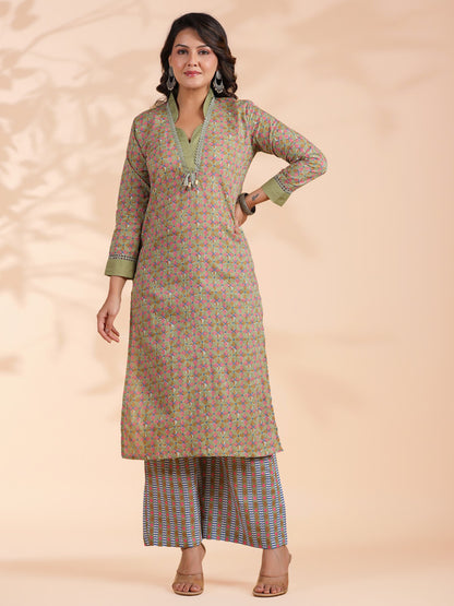 Pista green Colorblock Print Straight Cotton Stitched Kurta Set