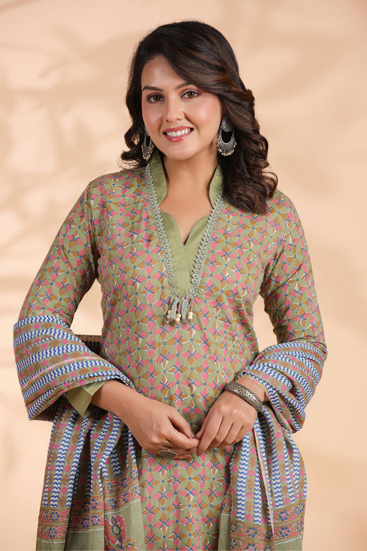 Pista green Colorblock Print Straight Cotton Stitched Kurta Set