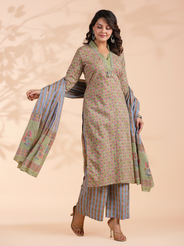 Pista green Colorblock Print Straight Cotton Stitched Kurta Set