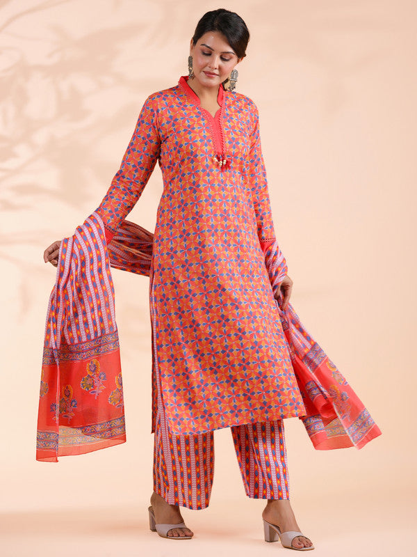 Orange Colorblock Print Straight Cotton Stitched Kurta Set