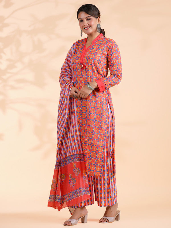 Orange Colorblock Print Straight Cotton Stitched Kurta Set