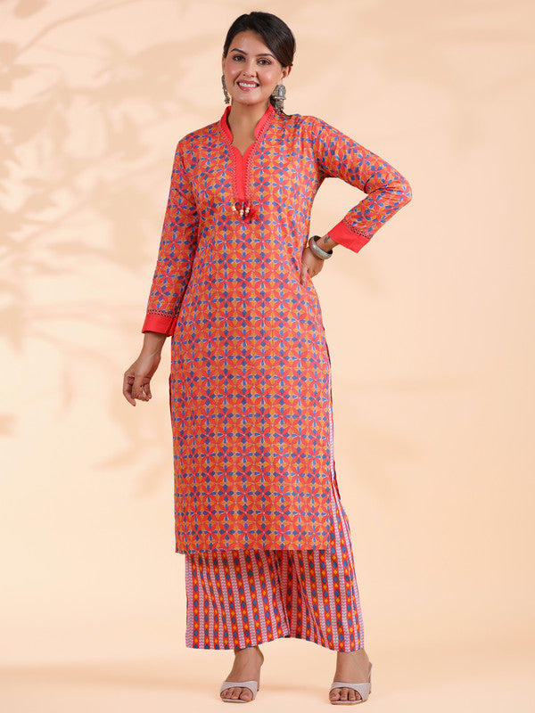 Orange Colorblock Print Straight Cotton Stitched Kurta Set