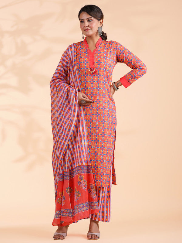 Orange Colorblock Print Straight Cotton Stitched Kurta Set