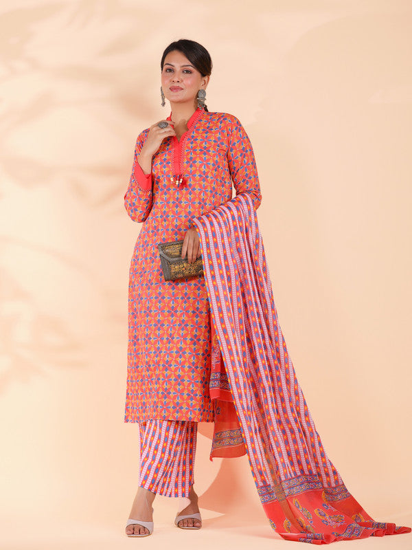 Orange Colorblock Print Straight Cotton Stitched Kurta Set