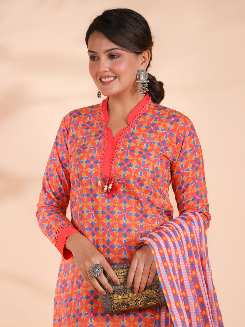 Orange Colorblock Print Straight Cotton Stitched Kurta Set