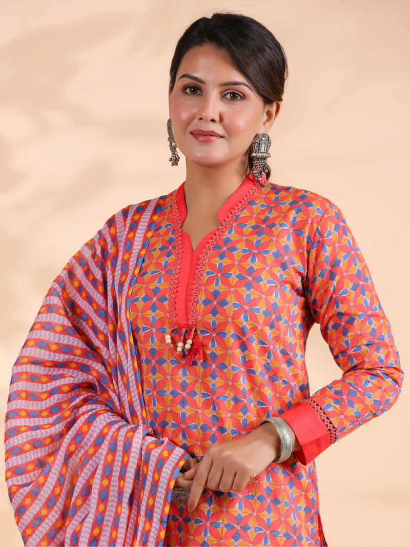 Orange Colorblock Print Straight Cotton Stitched Kurta Set