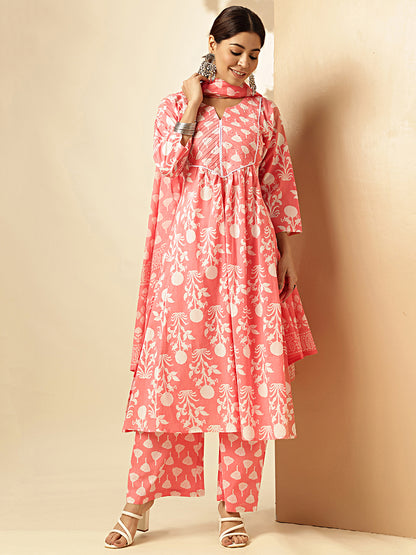 Pink Floral Printed Fit And Flare Cotton Stitched Kurta Set