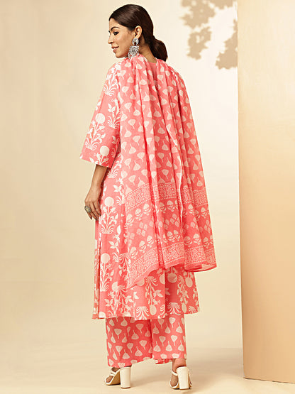 Pink Floral Printed Fit And Flare Cotton Stitched Kurta Set