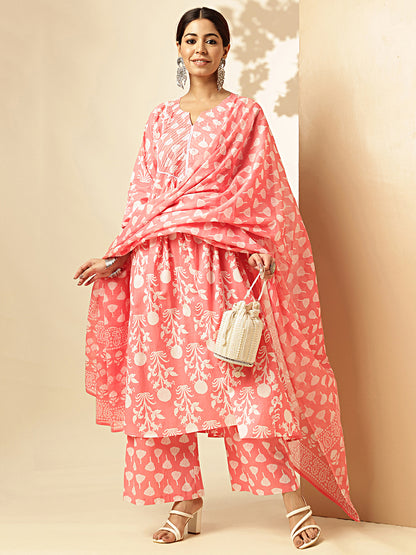 Pink Floral Printed Fit And Flare Cotton Stitched Kurta Set