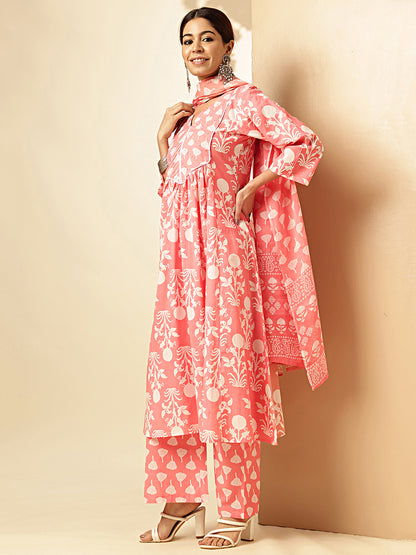 Pink Floral Printed Fit And Flare Cotton Stitched Kurta Set