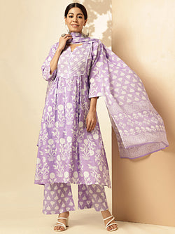 Lavender Floral Printed Fit And Flare Cotton Stitched Kurta Set