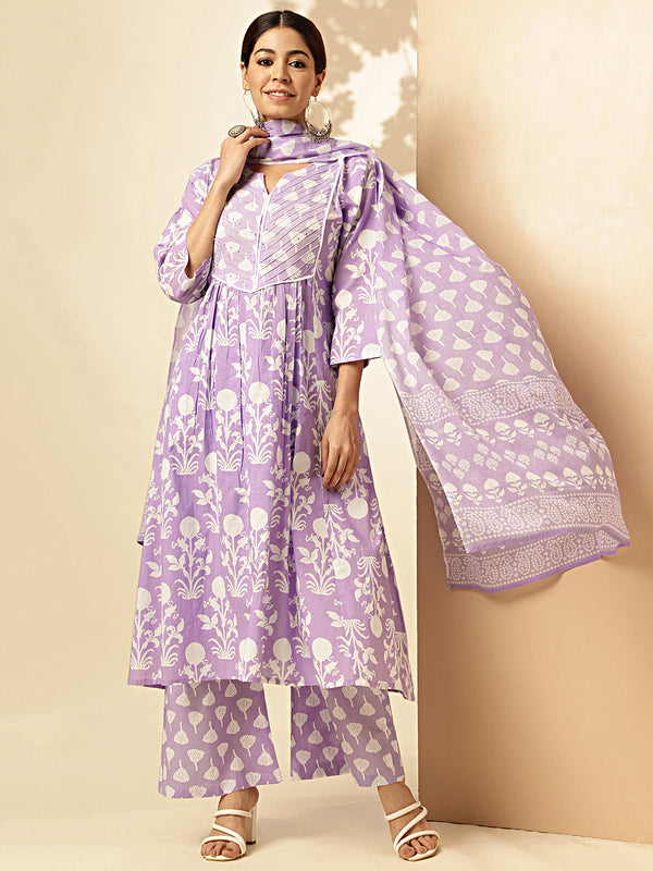 Floral Print With Moti Work Fit And Flare Cotton Lavender Stiched Kurta Palazzo With Dupatta 