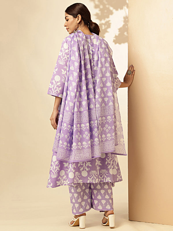 Floral Print With Moti Work Fit And Flare Cotton Lavender Stiched Kurta Palazzo With Dupatta 