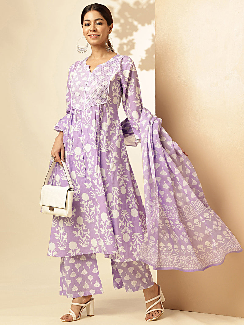 Lavender Floral Printed Fit And Flare Cotton Stitched Kurta Set