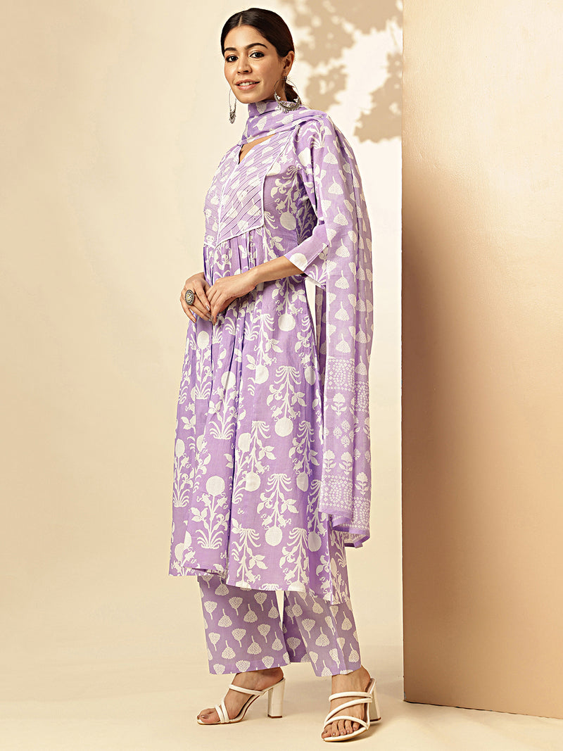 Lavender Floral Printed Fit And Flare Cotton Stitched Kurta Set