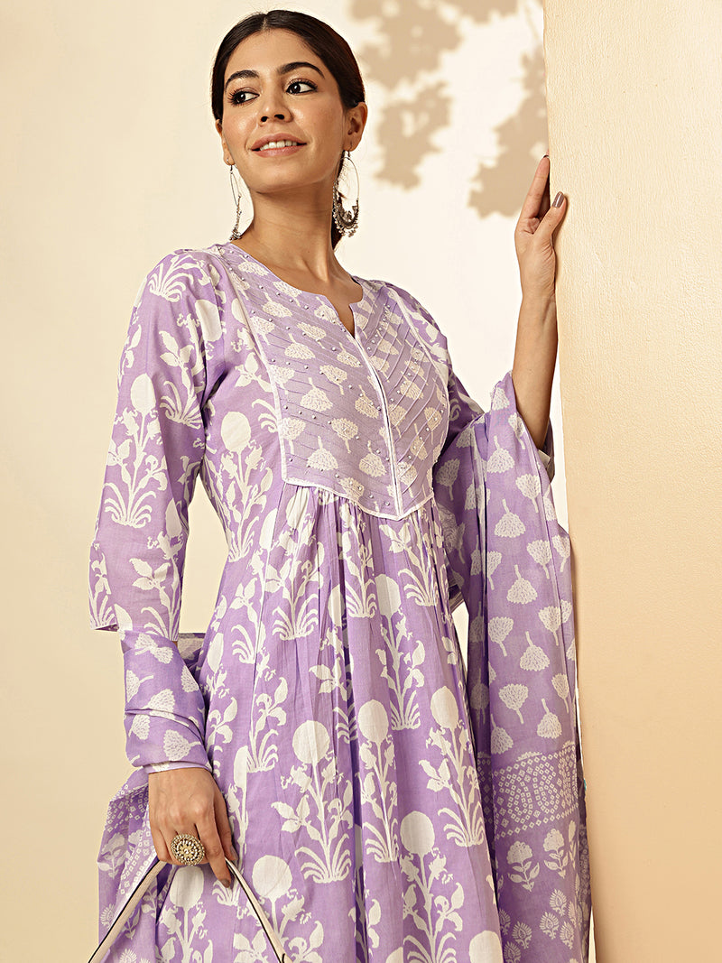 Lavender Floral Printed Fit And Flare Cotton Stitched Kurta Set