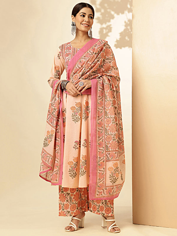 Floral Print & Sequence Work With Hand Embroidery Fit And Flare Cotton Peach Stiched Kurta Palazzo With Dupatta 