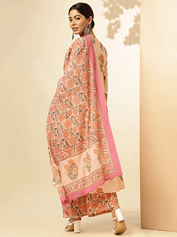 Floral Print & Sequence Work With Hand Embroidery Fit And Flare Cotton Peach Stiched Kurta Palazzo With Dupatta 