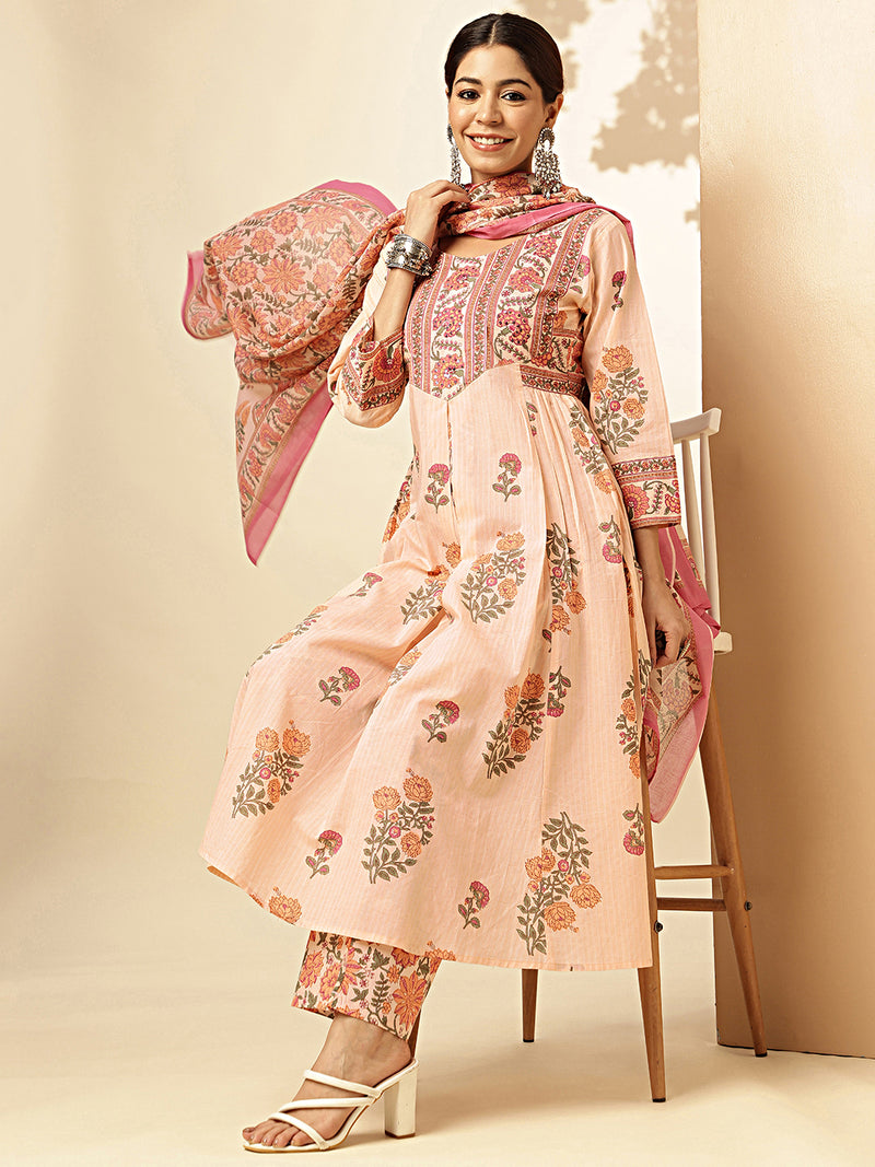 Floral Print & Sequence Work With Hand Embroidery Fit And Flare Cotton Peach Stiched Kurta Palazzo With Dupatta 