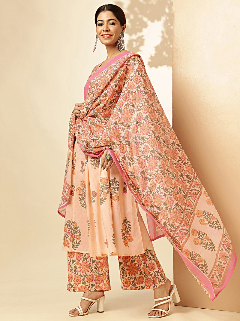 Floral Print & Sequence Work With Hand Embroidery Fit And Flare Cotton Peach Stiched Kurta Palazzo With Dupatta 