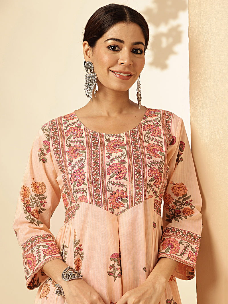 Floral Print & Sequence Work With Hand Embroidery Fit And Flare Cotton Peach Stiched Kurta Palazzo With Dupatta 