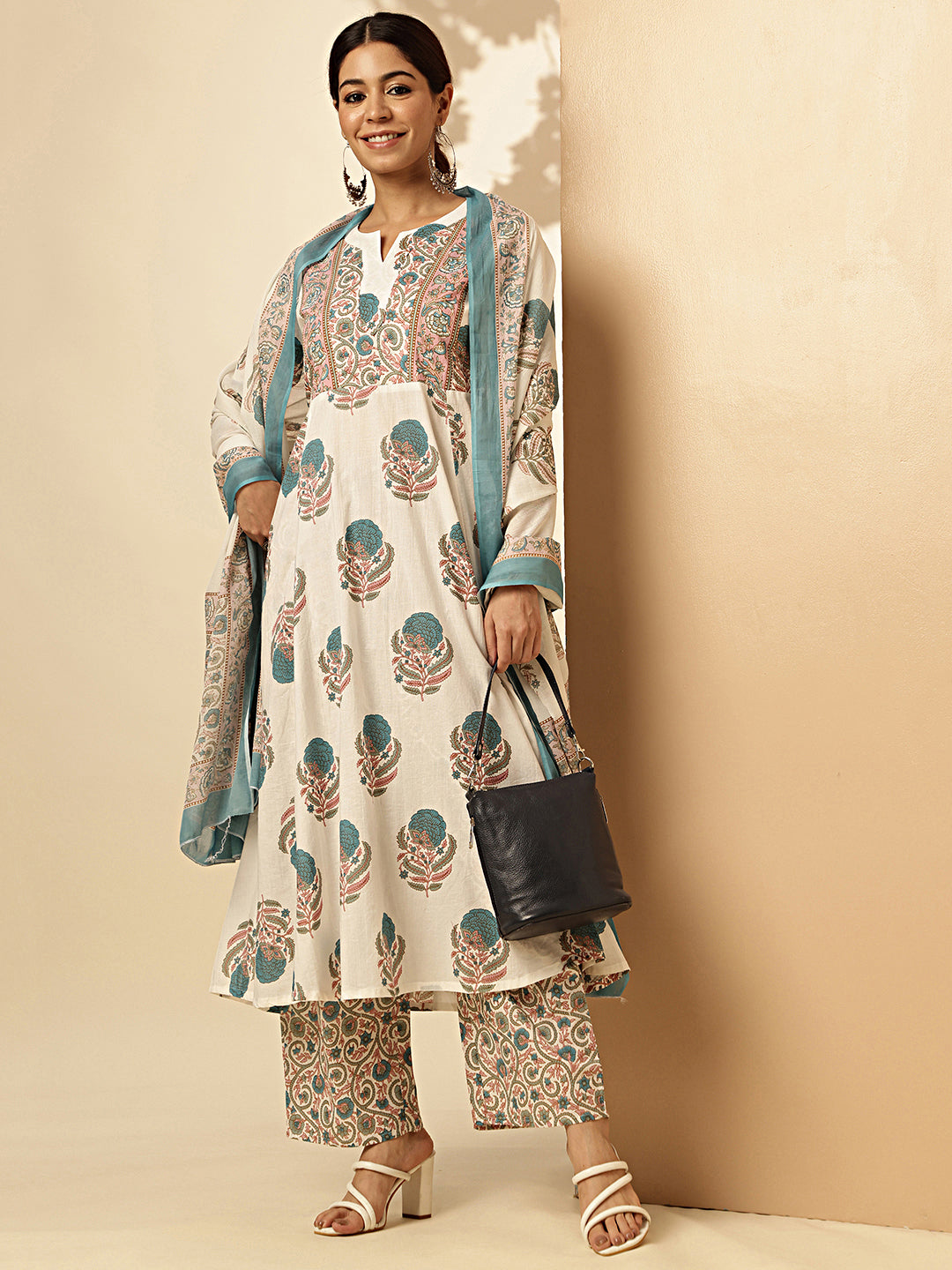 White And Rama Floral Print Fit And Flare Cotton Stitched Kurta Set