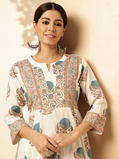 White And Rama Floral Print Fit And Flare Cotton Stitched Kurta Set