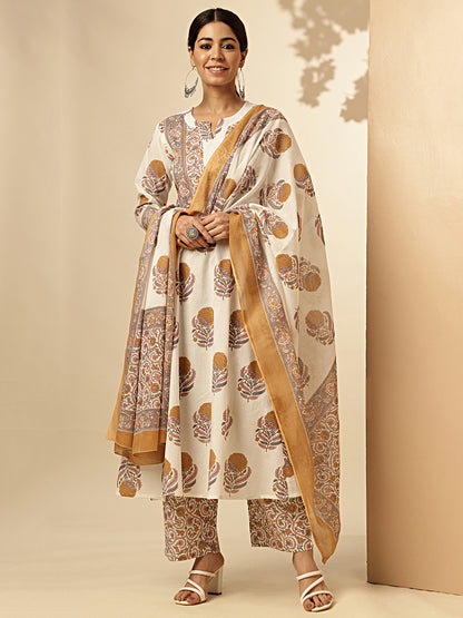 White And Mustard Floral Print Fit And Flare Cotton Stitched Kurta Set