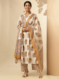 Floral Print With Lace Work Fit And Flare Cotton White And Dark Rama Stiched Kurta Palazzo With Dupatta 