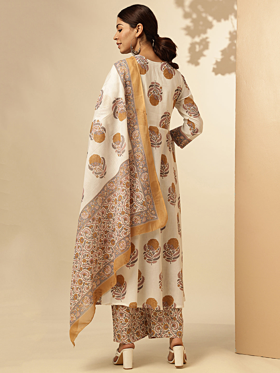 White And Mustard Floral Print Fit And Flare Cotton Stitched Kurta Set