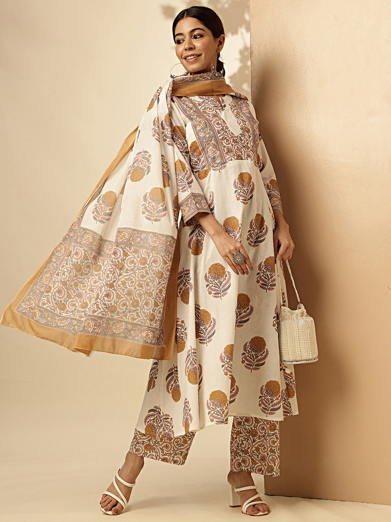 Floral Print With Lace Work Fit And Flare Cotton White And Dark Rama Stiched Kurta Palazzo With Dupatta 