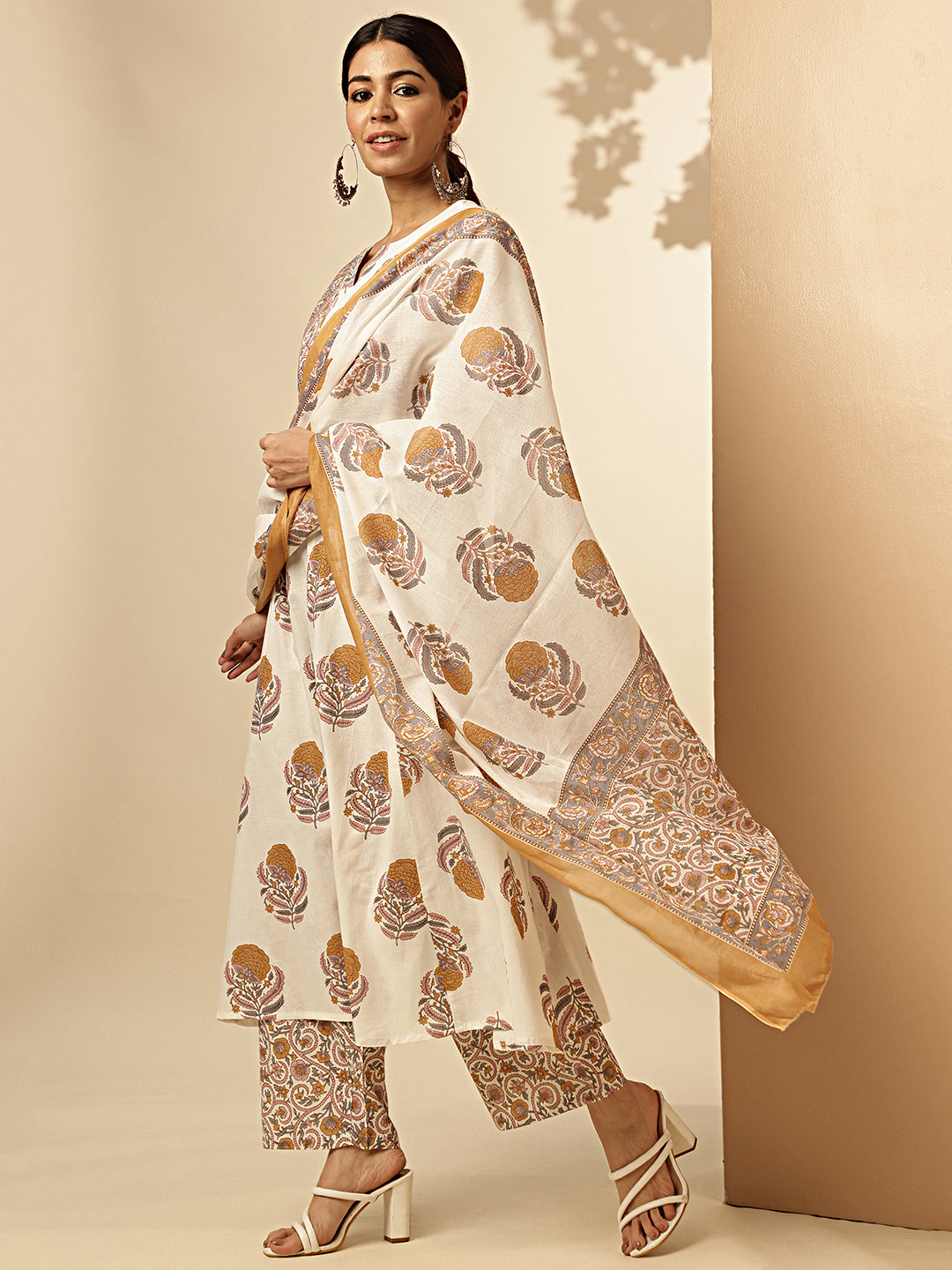 White And Mustard Floral Print Fit And Flare Cotton Stitched Kurta Set