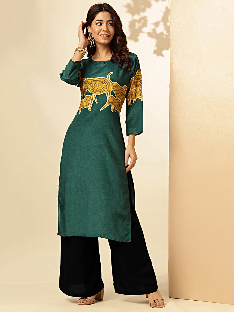 Dark green Animal Print Straight Chinon Stitched Kurta