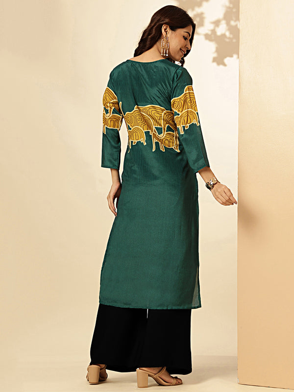 Dark green Animal Print Straight Chinon Stitched Kurta