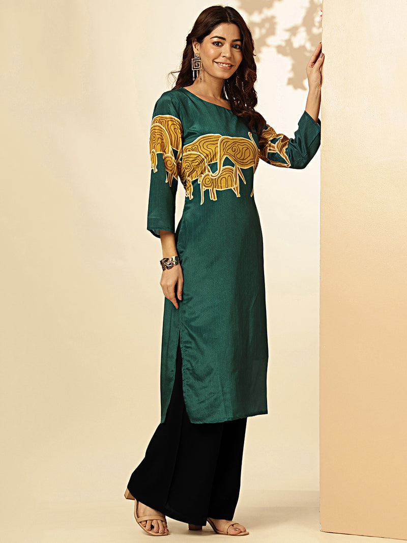 Dark green Animal Print Straight Chinon Stitched Kurta