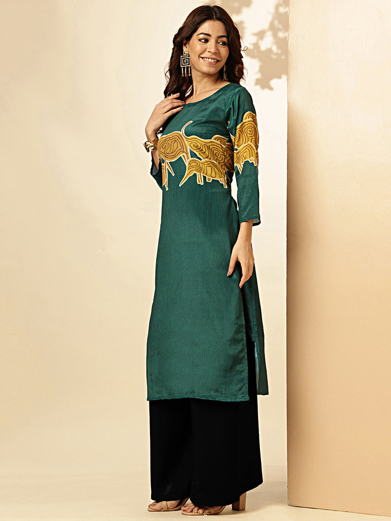 Dark green Animal Print Straight Chinon Stitched Kurta