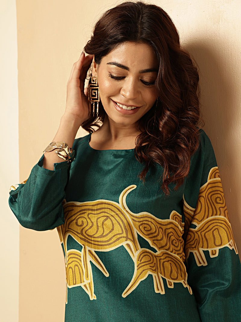 Dark green Animal Print Straight Chinon Stitched Kurta