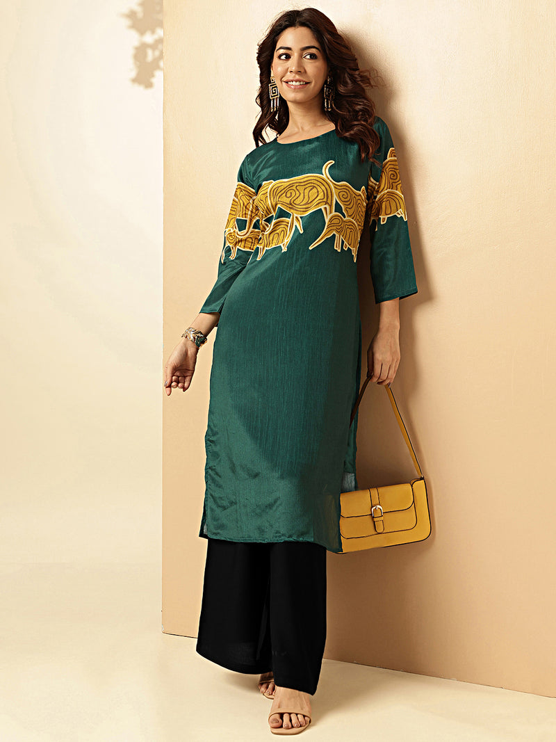 Dark green Animal Print Straight Chinon Stitched Kurta