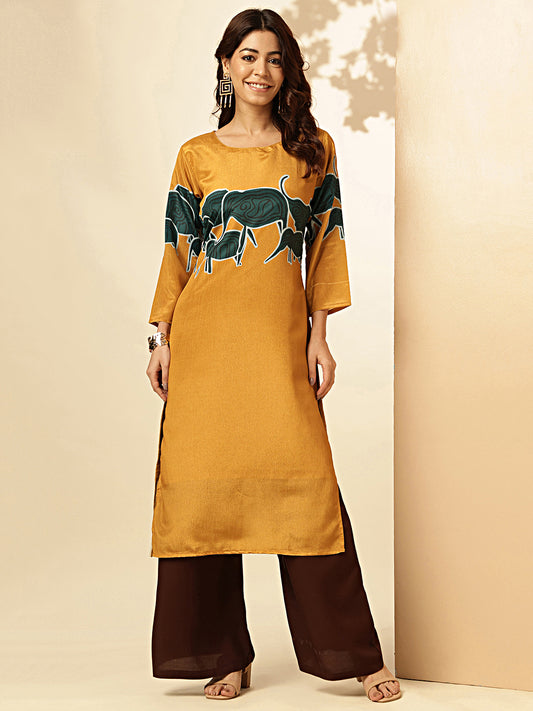 Mustard Animal Print Straight Chinon Stitched Kurta